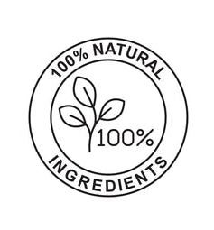 Circular logo with '100% Natural Ingredients' text and leaf symbol on a white background